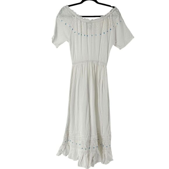 220 Hickory Maxi Dress White Off The Shoulder Turquoise Bead Size S Ruffle Crepe - Picture 2 of 12